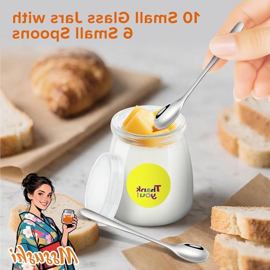 10 Stuks Glazen Yoghurttassen van 200ml met Luchtdichte Deksel voor Yoghurt, Pudding en Desserts, Inclusief 6 Lepels voor Maken van Jams en Mousse — afbeelding 2