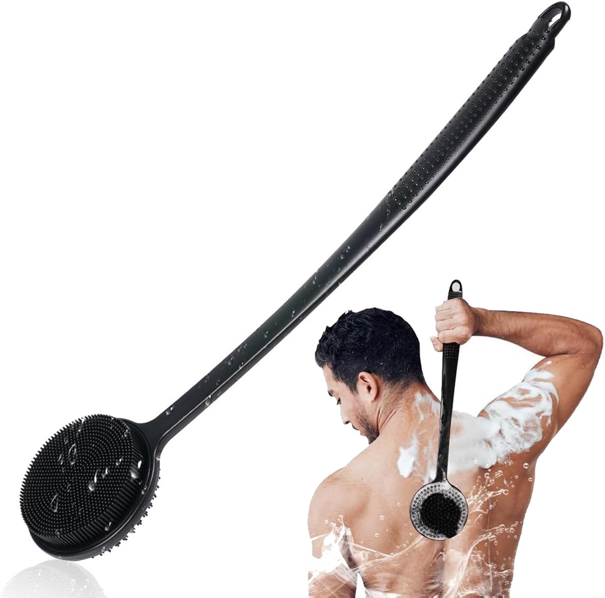 ComfiCare® Rugborstel – Badborstel met Lange Steel – Doucheborstel & Dry Brush – Rug Scrubber – Huid- & Lichaamsborstel – Siliconen Massageborstel – Zwart