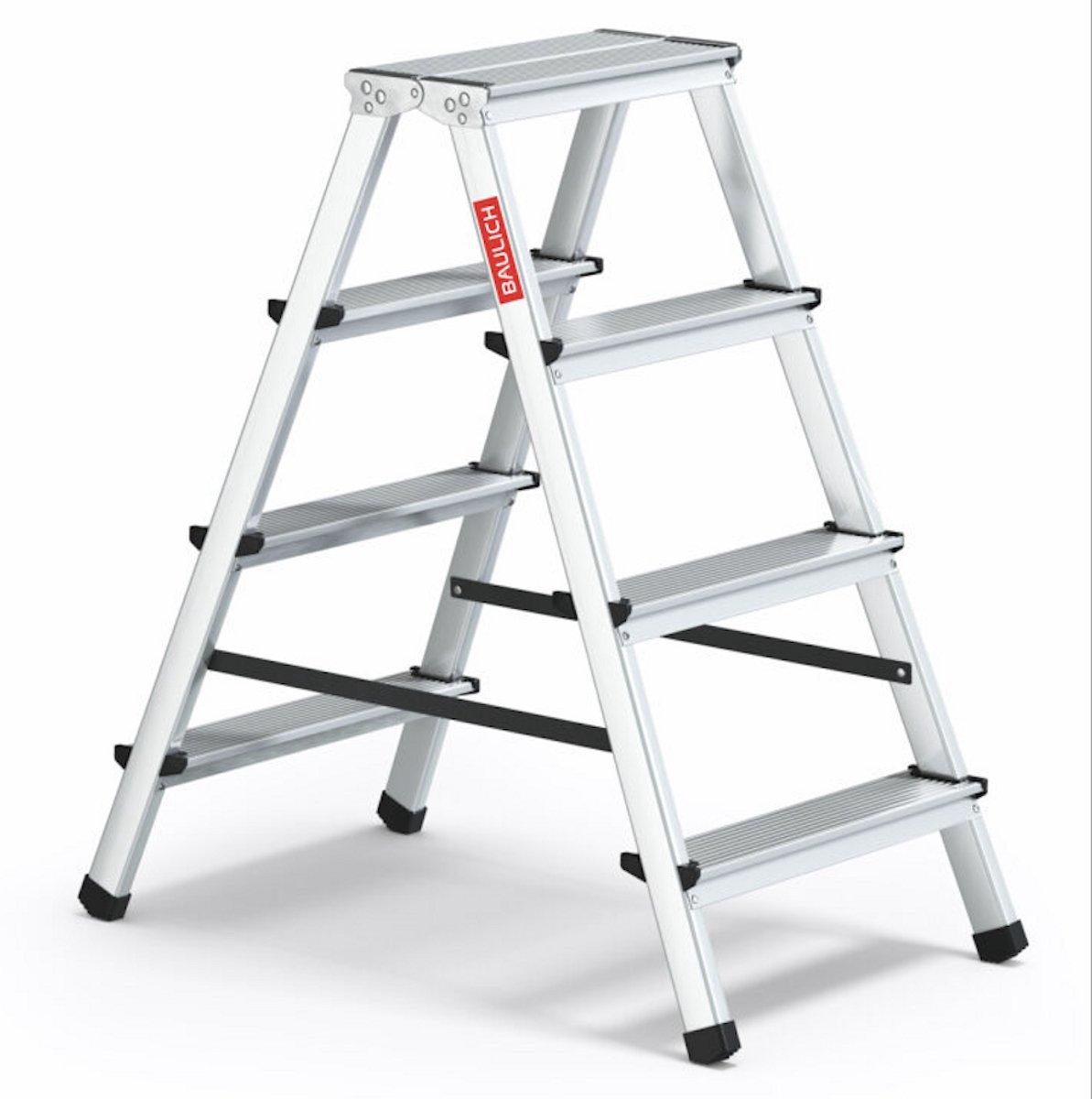 Baulich Aluminium vouwladder dubbelzijdig - 4 treden met antislip platform - huishoudladder werkhoogte 241 cm, draagvermogen 120kg