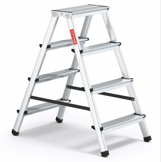 Aluminium vouwladder met vier treden en antislip sporten. Het rode logo 'BAULICH' is zichtbaar.