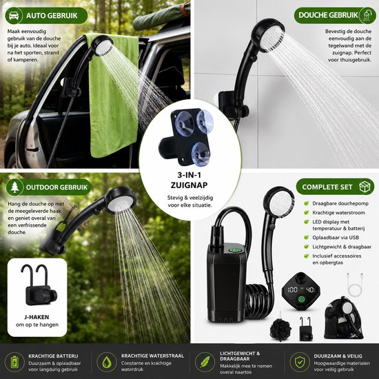 Camping Douche - Oplaadbare Accu - Elektrische Outdoor Douchepomp - Buiten Douche - LED Display - Staza