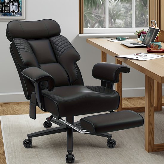 HOFFREE XXL Bureaustoel tot 227 kg – Big & Tall Directiestoel met Brede Zitting, Kunstleer, Verstelbare Lendensteun, Ergonomische Draaistoel – Zwart