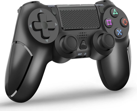 Manette de jeu noire, vue de face avec une croix directionnelle grise et des boutons d'action colorés.