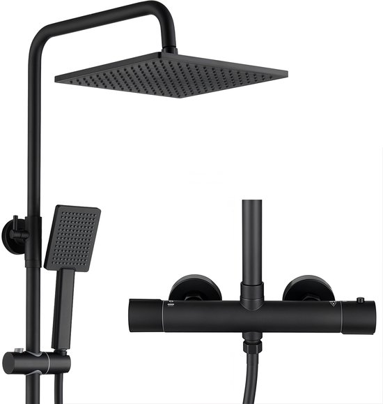 Auralum Max Regendouche - Ø 25.4 cm - Regendouche en Handdouche - Inclusief thermostaatkraan - 15 cm hartafstand - Doucheset - Verstelbare douchestang 88-124 cm - Zwart