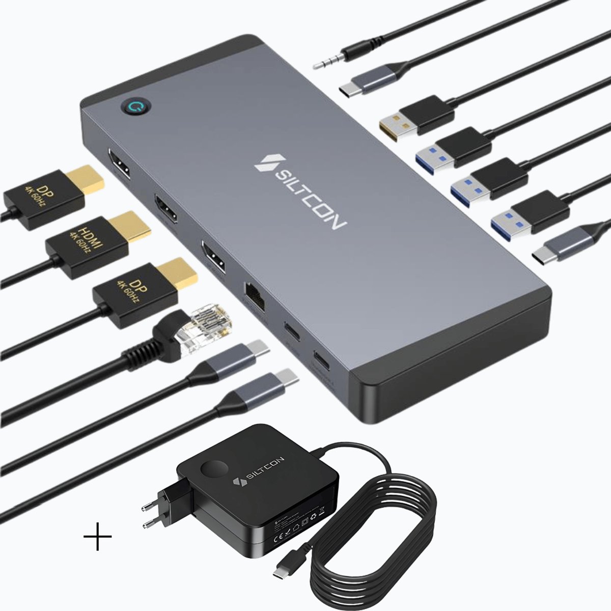 Siltcon® 14 in 1 - Docking Station Laptop – USB C Hub – USB C Dock - 2x Display Link (DP) 4K 60Hz – 1x HDMI 4K 60Hz – 100W Thunderbolt 4 – RJ45 gigabit – 4x USB-A 3.2 – 4x USB-C 3.2 - Plug & Play Geen Drivers – Incl. 100W USB-C Adapter - Spacegrey