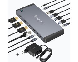 Siltcon® 14 in 1 - Docking Station Laptop – USB C Hub – USB C Dock - 2x Display Link (DP) 4K 60Hz – 1x HDMI 4K 60Hz – 100W Thunderbolt 4 – RJ45 gigabit – 4x USB-A 3.2 – 4x USB-C 3.2 - Plug & Play Geen Drivers – Incl. 100W USB-C Adapter - Spacegrey