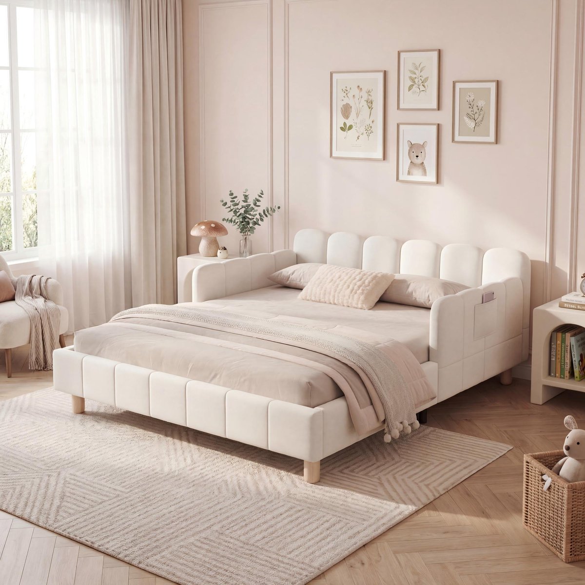 Gestoffeerd bed - kinderbed 140 x 200 cm - met hoofdeinde en anti-val hek - massief houten bedpoten - fluweel - beige - zonder matras