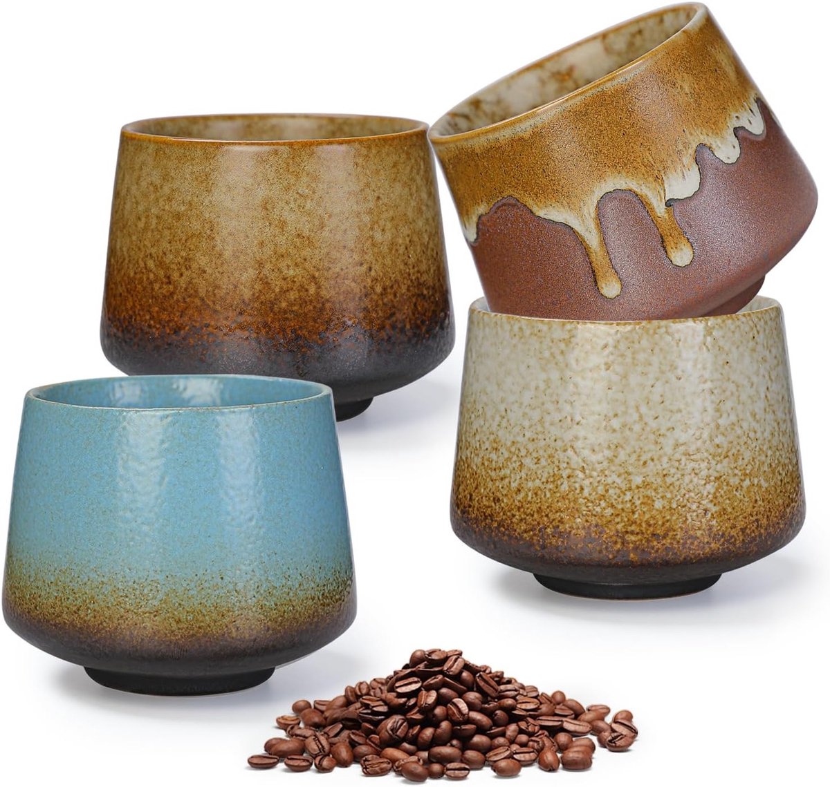 Set van 4 Retro Steengoed Espresso Kopjes van 200ml - Handgemaakte Porseleinen Koffiekopjes voor Espresso, Mocha en Macchiato, Dikke Wand voor Optimale Warmtebehoud