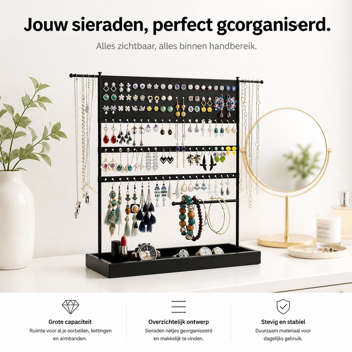 BOTC Sieradenhouder - Voor kettingen / armbanden / Oorbellen - Sieraden Organizer - Oorbellenrekje - Ketting houder - Zwart — cadeau in Wonen & Interieur - foto 6