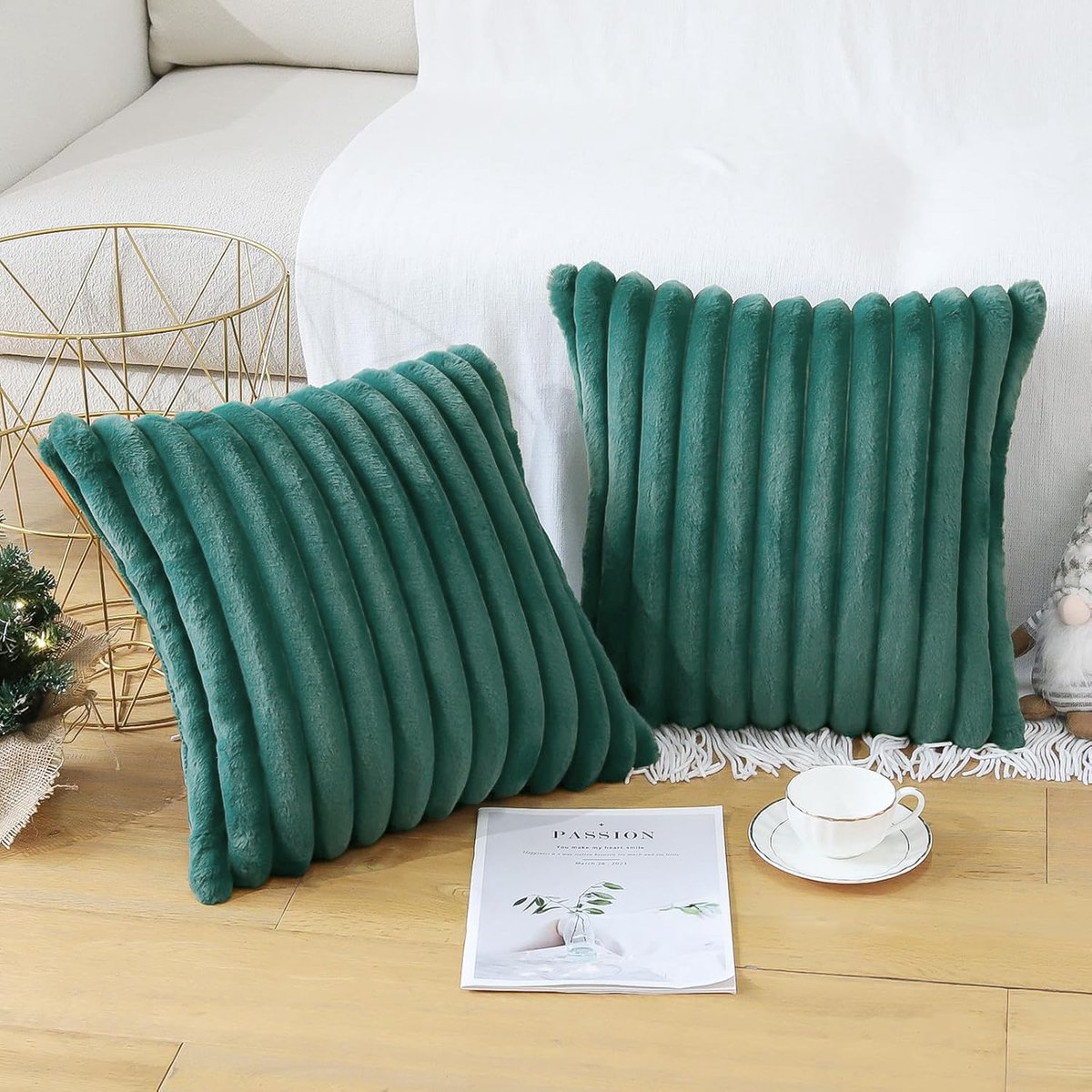 FloraGrace Kussenslopen – Sierkussensloop Set Van 2 Met Zachte Fluwelen Kussenslopen, Gestreept En Decoratief Voor Woonkamer En Sofa – Donkergroen – 45x45 cm