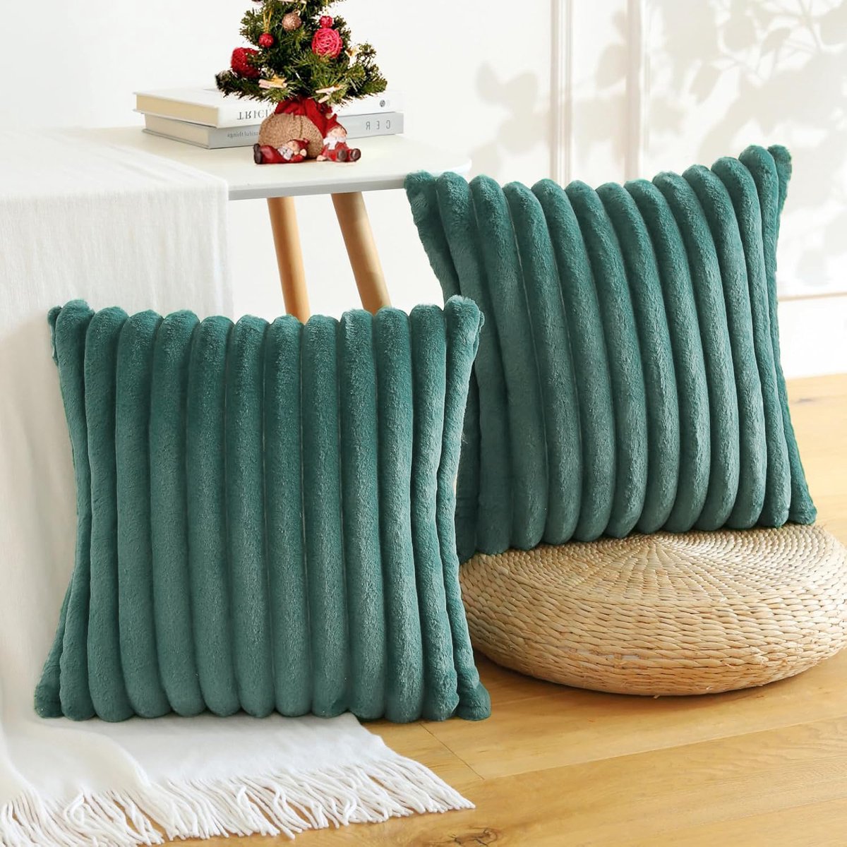 FloraGrace Kussenslopen – Sierkussensloop Set Van 2 Met Zachte Fluwelen Kussenslopen, Gestreept En Decoratief Voor Woonkamer En Sofa – Donkergroen – 50x50 cm