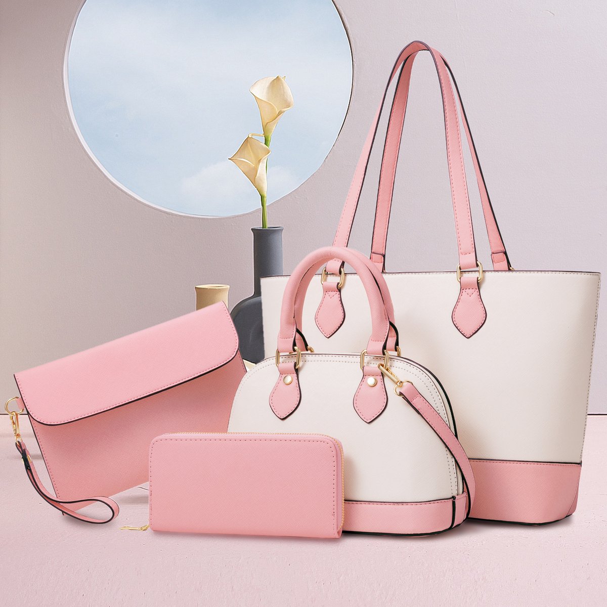 FloraGrace Handtassen - Zwarte Handtas Set, Praktische Dames Handtassen Met Reißverschlüsse En Accessoires, PU, Zwart + Wit, 33 x 26,5 cm
