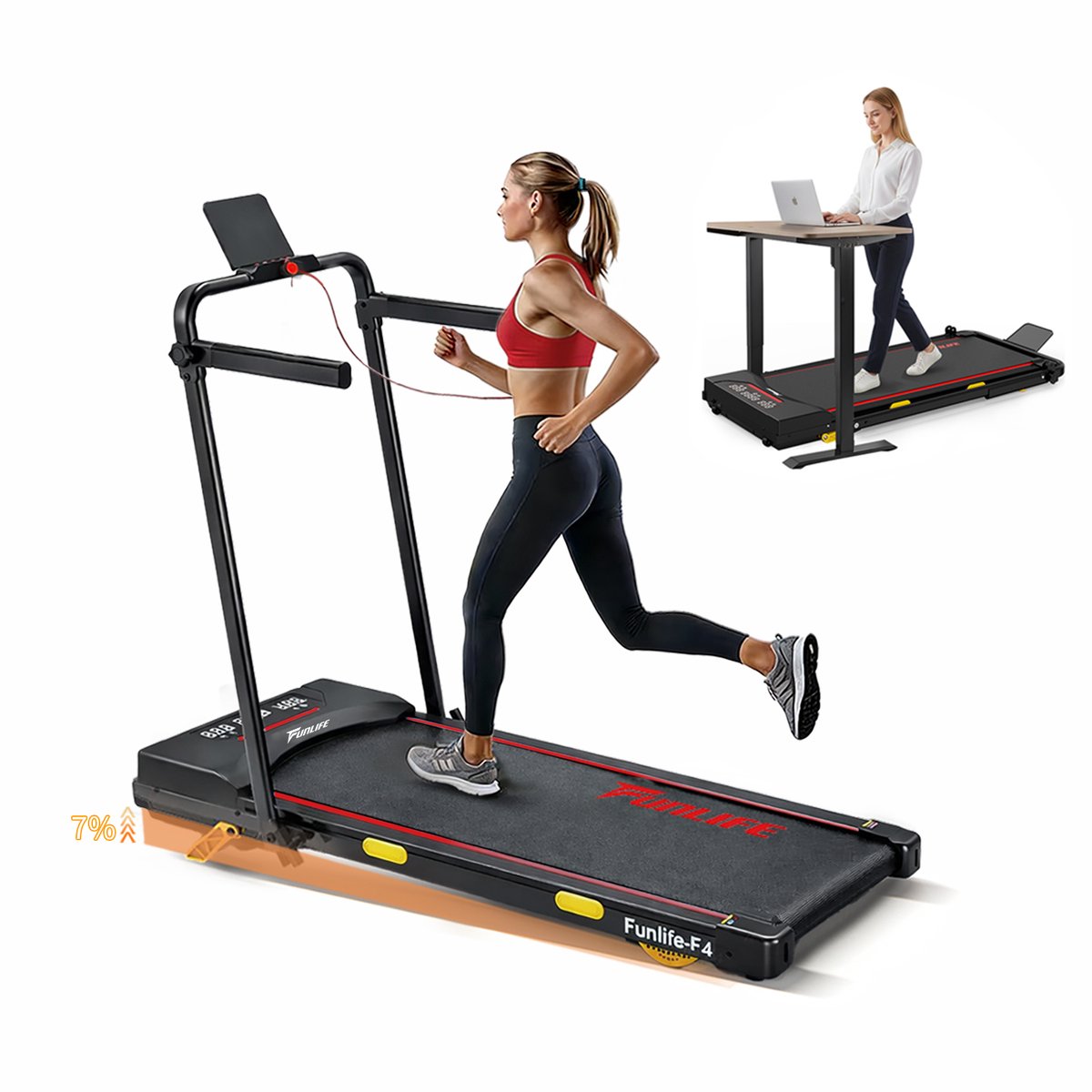 Funlife F4 Walking Pad Rood - Inklapbare Loopband voor Thuis - 7% Helling - 1-12 km/u - Bluetooth App - 12 Programma's - Met Handgrepen