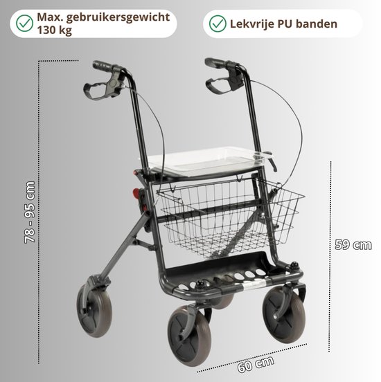 Grijze rollator met mandje, dienblad, opvouwbaar, met lek-vrije PU banden. Afmetingen 78-95x60x59cm. Max gebruikersgewicht 130kg.