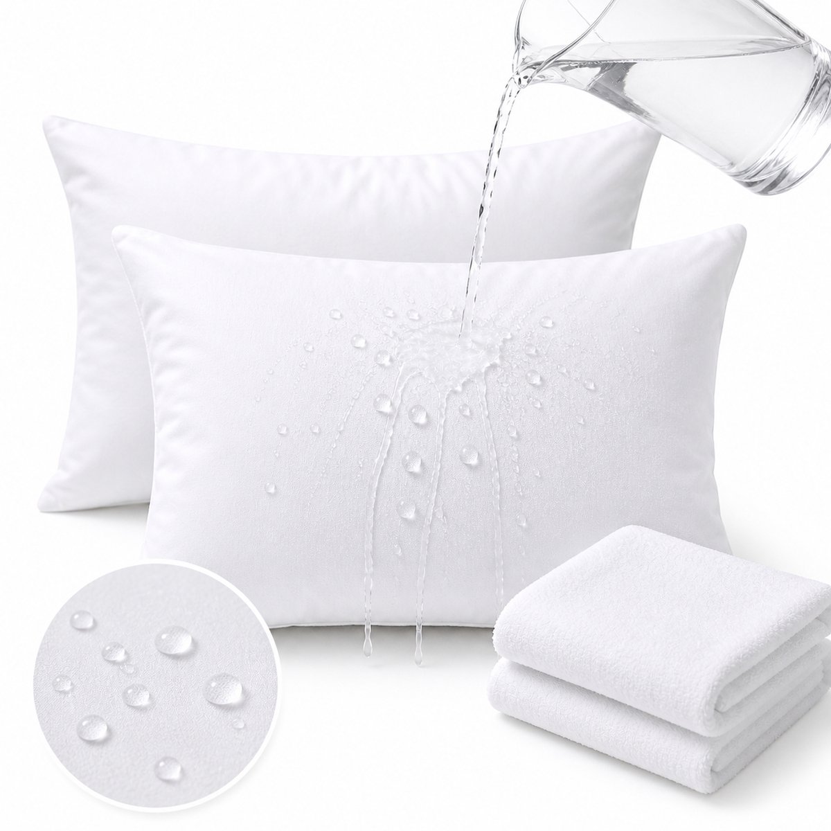Princessmatrassen Waterdichte Kussenbeschermer – Molton Badstof – Antibacterieel – Met Ritssluiting – 60x70 cm – Wit – Set van 2