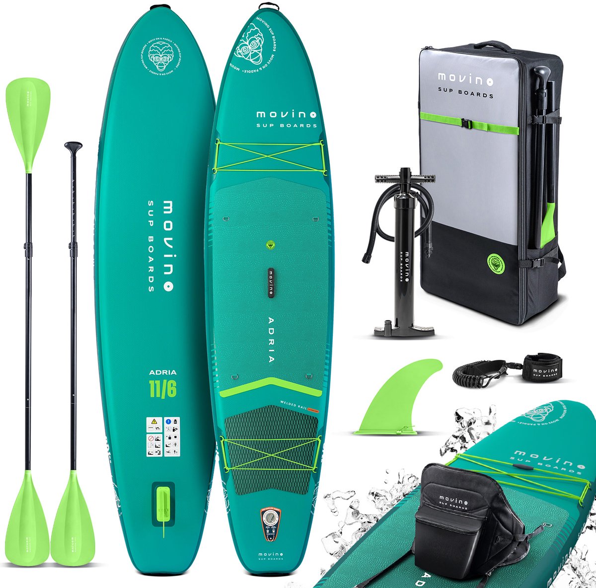 Movino Adria - Sup Board - 11’6” (350 cm) - Opblaasbaar - Max. 160 kg - Rugzak - Dubbele pomp - Leash, Vin - 2-in-1 peddel - Kajakstoel - Reparatieset