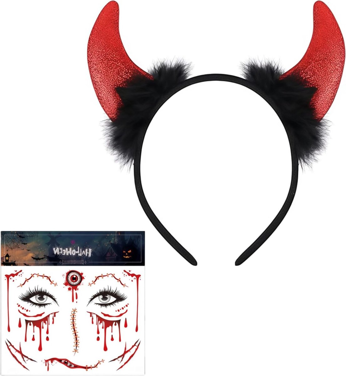 Rode Duivelshoorns Haarband voor Vrouwen met Hoofdband en Gezichtstatoeage voor Halloween, Feest, Cosplay en Carnaval Accessoires