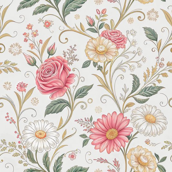 Papier peint avec un motif délicat de roses roses, de marguerites blanches, de gerberas roses et de fleurs jaunes.