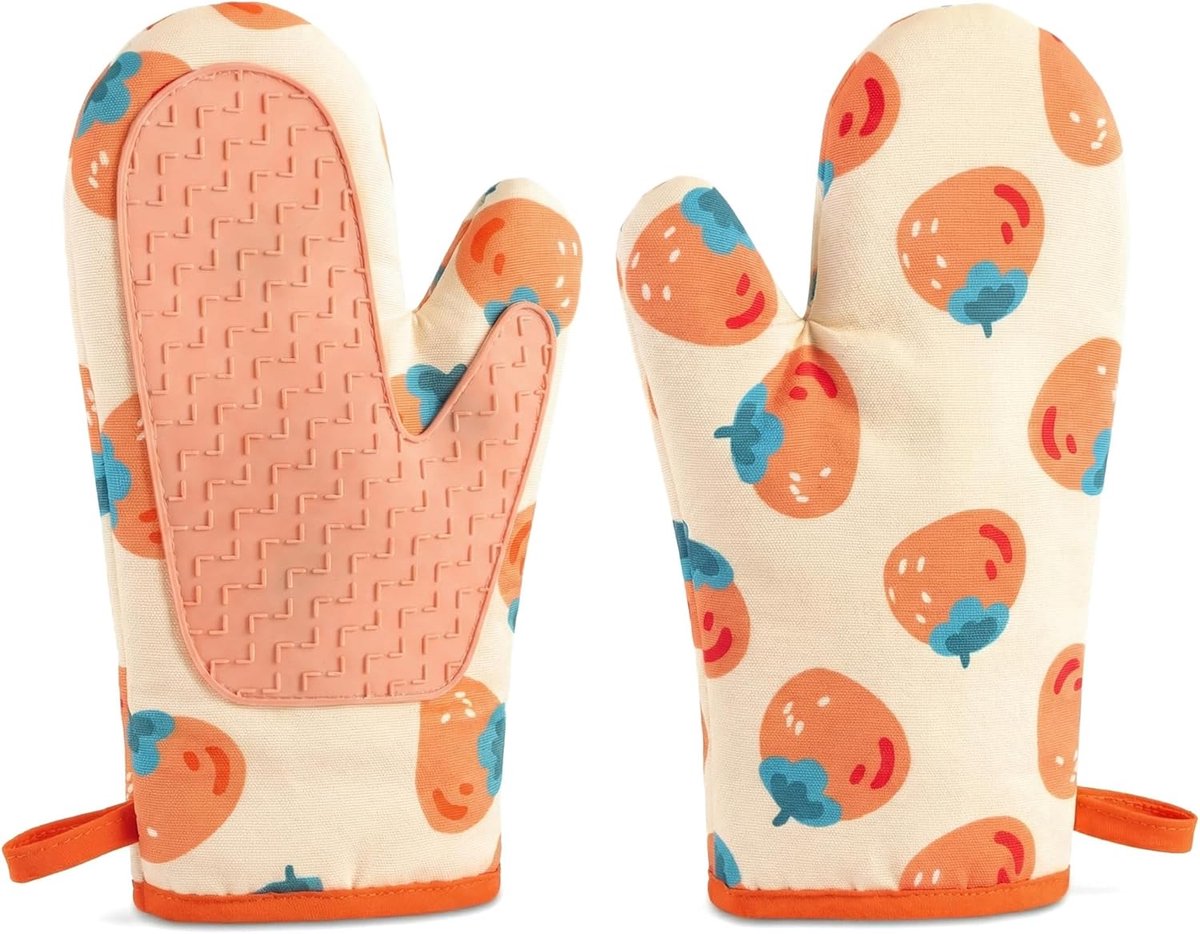 Ovenwanten - Hittebestendig tot 230°C - Antislip Siliconen & Katoen - Met Ophanglus - Geschikt voor Koken, Barbecue en Bakken - 2 Stuks - 27x18 cm - Oranje