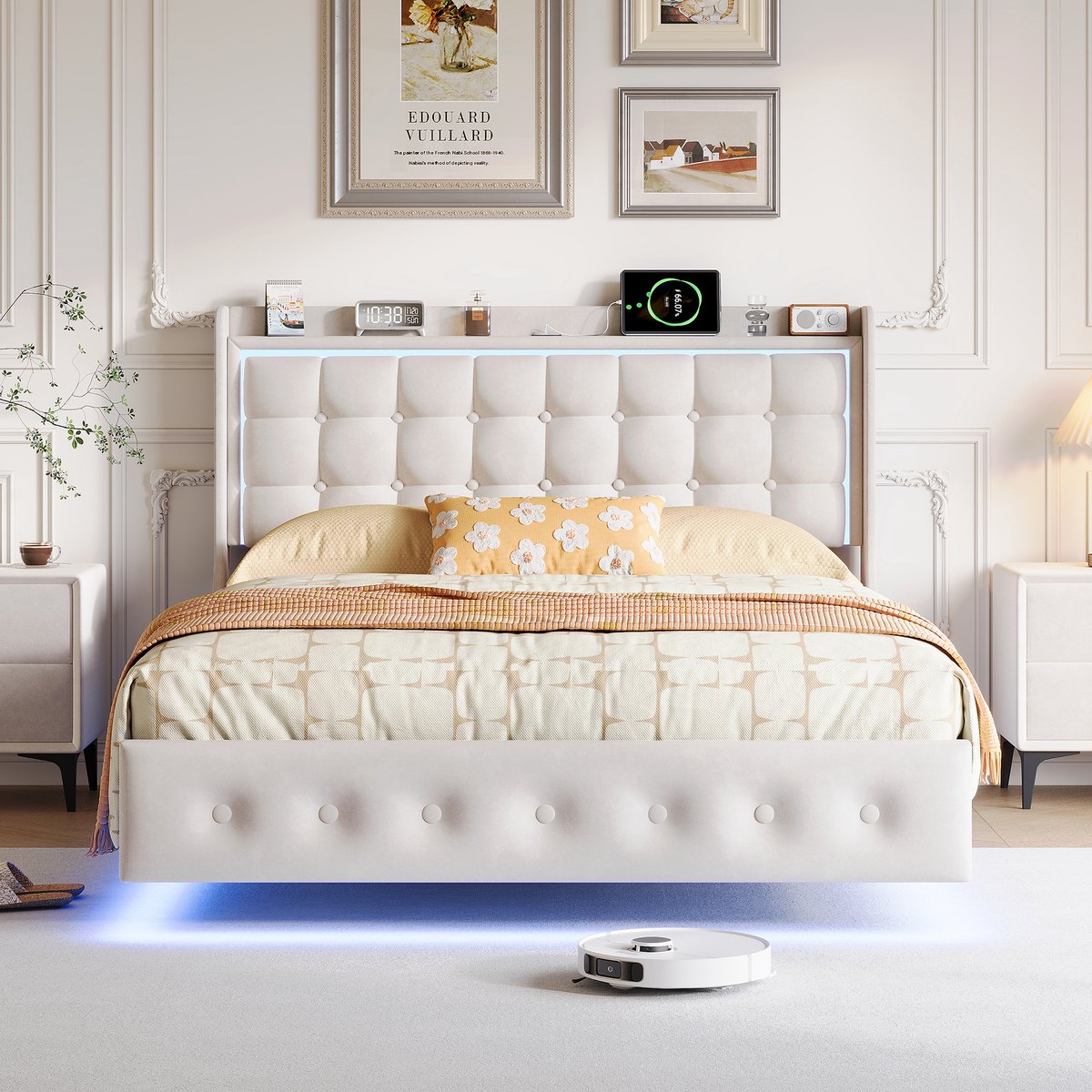 Gestoffeerd bed 140x200cm met ledverlichting en usb-oplaadpoort, gewatteerd hoofdbord en lattenbodem, zwevend visueel effect, fluweel, wit, exclusief matras