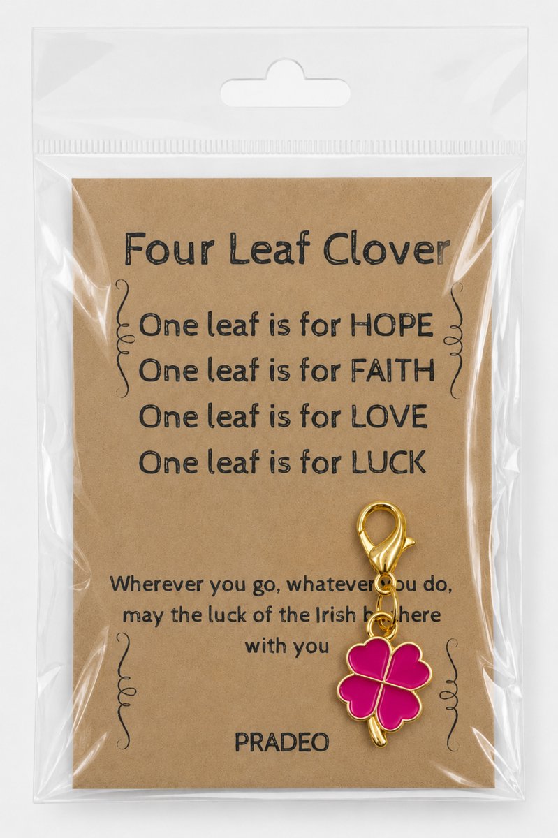 Pradeo - Klavertje Vier Sleutelhanger - Gelukshanger - Hangertje - Klavertje 4 - Four Leaf Clover - Key Chain - Pocket Hug - Klein Cadeau / Geschenk - Met Kaartje Met Tekst - Donker / Fel Roze