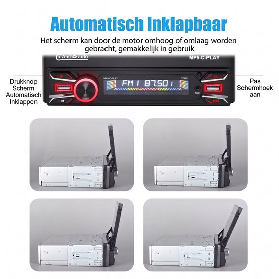 Automatisch inklapbare autoradio met drukknoppen om scherm in en uit te klappen.