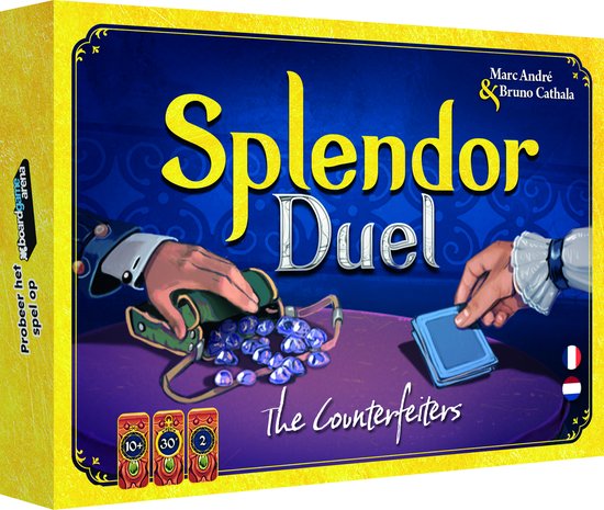 Splendor Duel, de Counterfeiters speldoos met edelstenen en kaarten, en de tekst 'Probeer het spel op'.