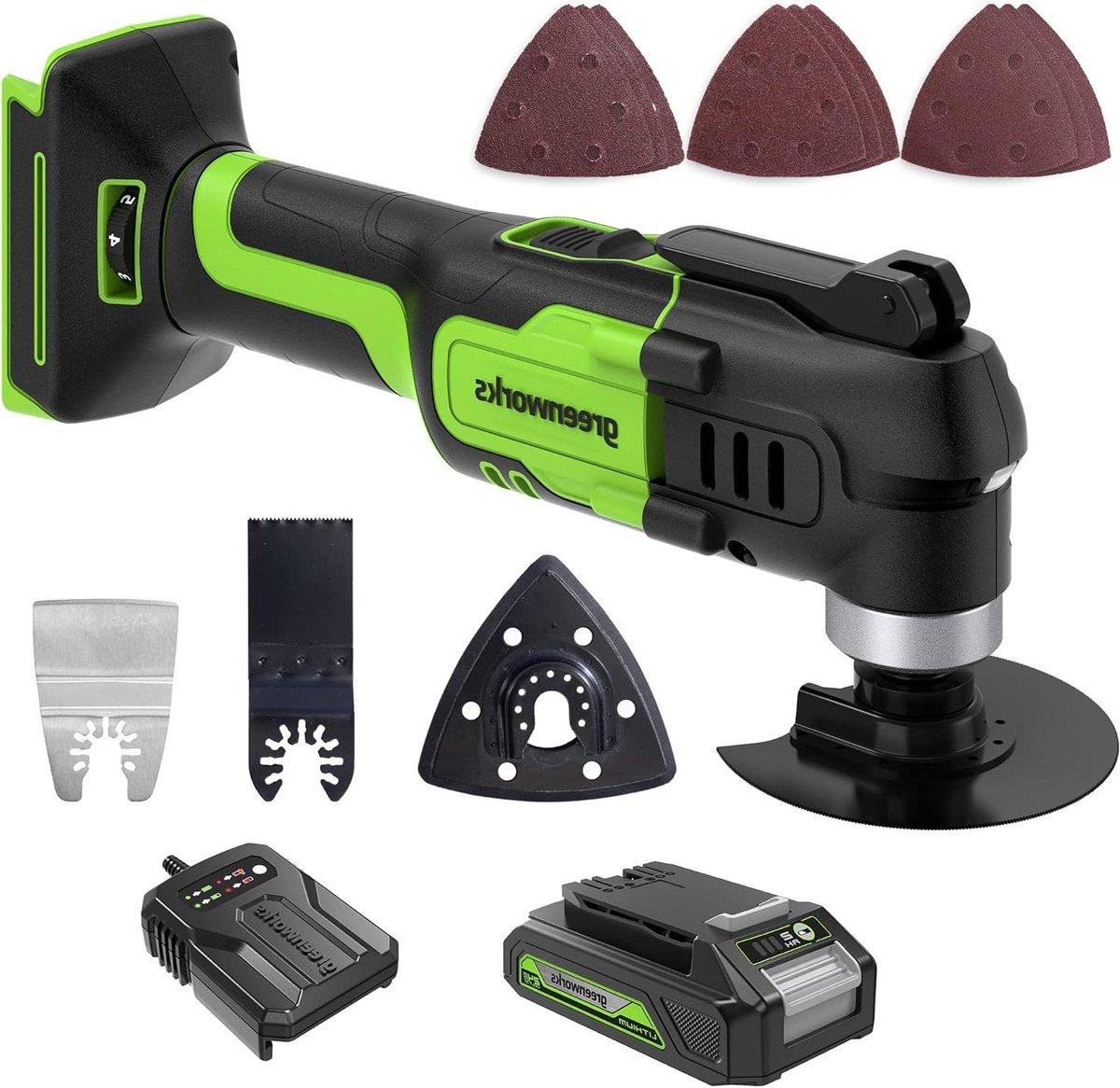 Multitool - Gereedschap Machine - Klusklare Oplossingen - Draadloos Werken - 24 Volt - Groen Grijs Zwart