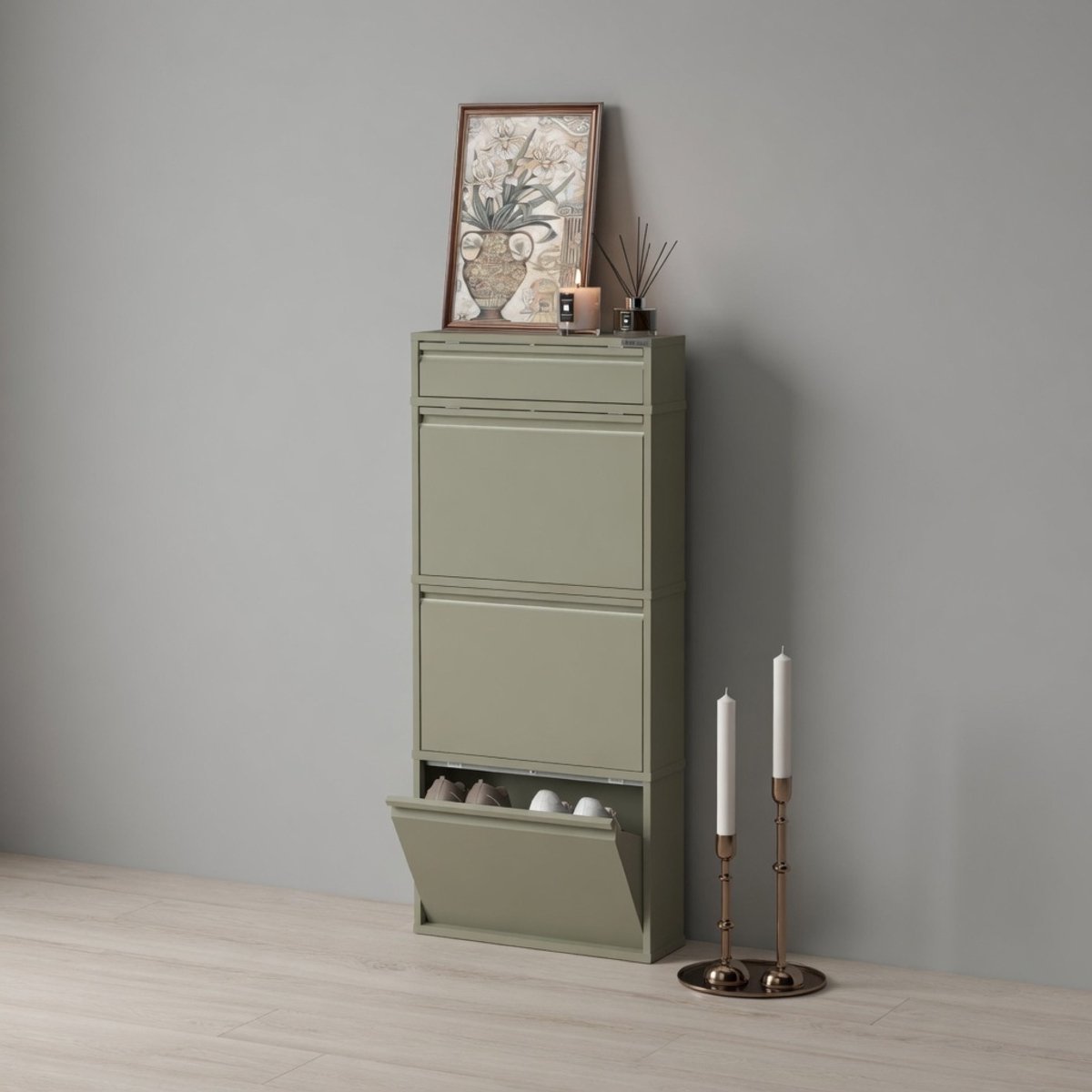 Shoe Rack Narrow High Shoe Cabinet with Magnetic Lid Wall Mounted Metal-Ganeey