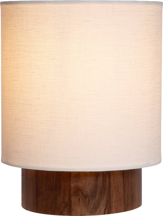 Atmooz Ramos M Tafellamp – H38 cm – Scandinavische tafel lamp binnen – decoratieve tafellamp woonkamer – exclusief lichtbron – sfeervolle tafelverlichting met bruine houten voet en witte linnen kap – modern Japandi design – bruin en wit