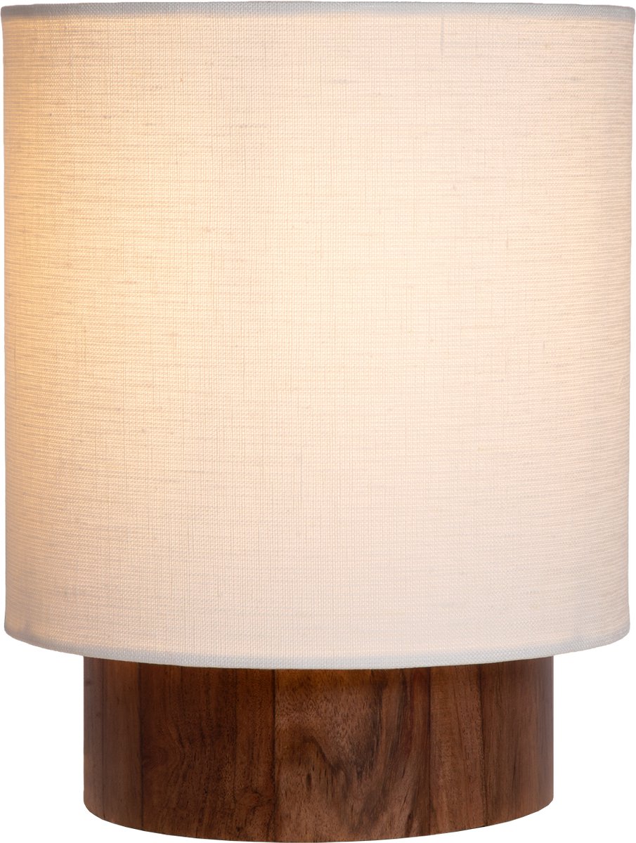 Atmooz Ramos M Tafellamp – H38 cm – Scandinavische tafel lamp binnen – decoratieve tafellamp woonkamer – exclusief lichtbron – sfeervolle tafelverlichting met bruine houten voet en witte linnen kap – modern Japandi design – bruin en wit