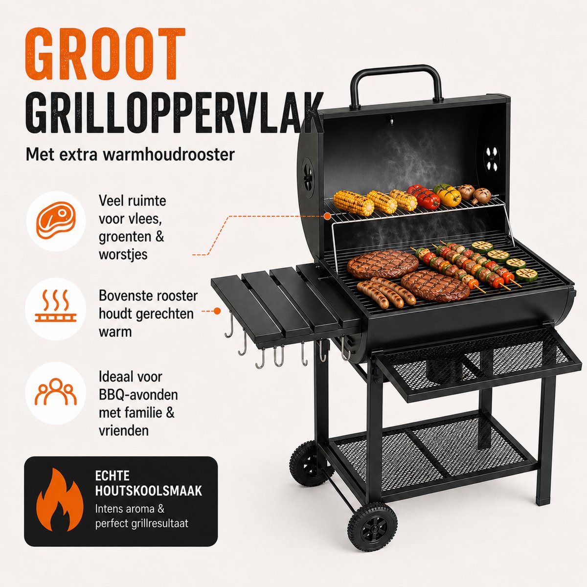 Houtskool BBQ - Smoker Barbecue XL - BBQ met Wielen - 70x37cm Grilloppervlak - Zijpanelen - Zwart – foto 7