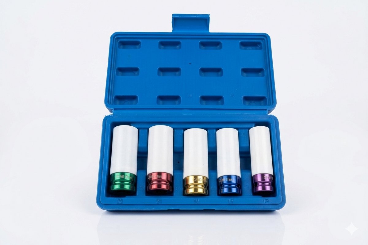 Mahn Krachtdoppenset met Beschermhoes – 5-delig – 15, 17, 19, 21 en 22 mm – 1/2" aansluiting – Voor Velgen en Wielmoeren
