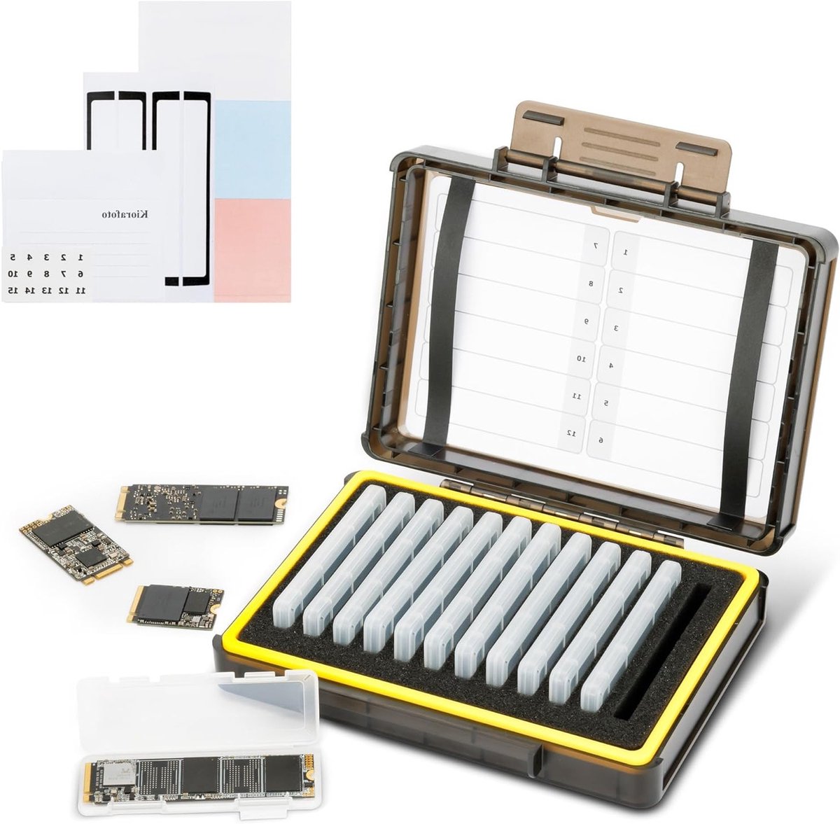 Hard M.2 SSD Houder met 12 Duidelijke NVMe Cases voor 2280, 2260, 2242, 2230 SSD's - Waterdicht, Schokbestendig en Inclusief Label en Notitiepapier voor Veilig Opslaan