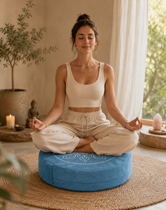 Sileya Meditatiekussen Turkooisbaluw Fluweel - Yogakussen- Meditatie Kussen- Rond van Merkloos — afbeelding 3