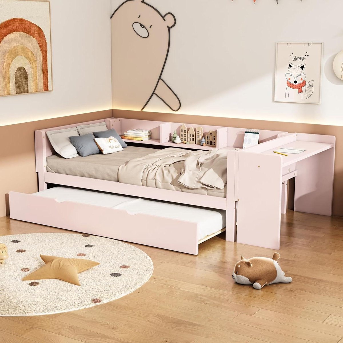 Kinderbed met Bureau - Studeerbed Kind - Kinderkamer Inrichten - Uittrekbaar Rolbed - 90x200 cm - Roze