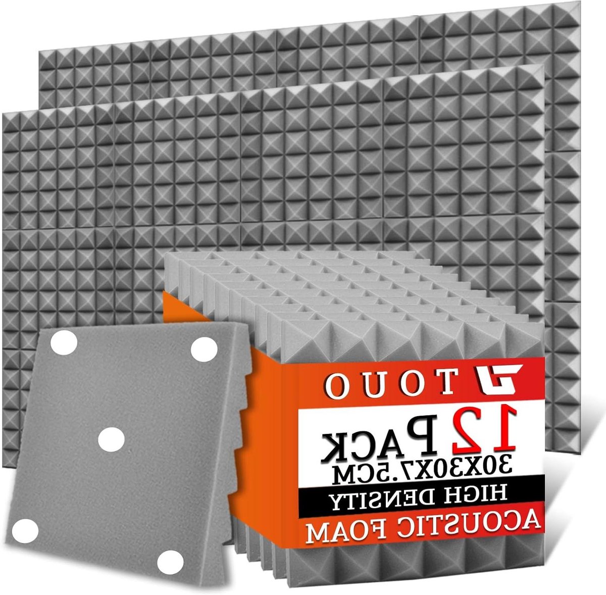 Akoestische Schuimpanelen - Geluidsisolatie Panelen - Geluidsverbetering Studio - Hoge Dichtheid Piramide - 30 x 30 x 7.5 cm - Grijs