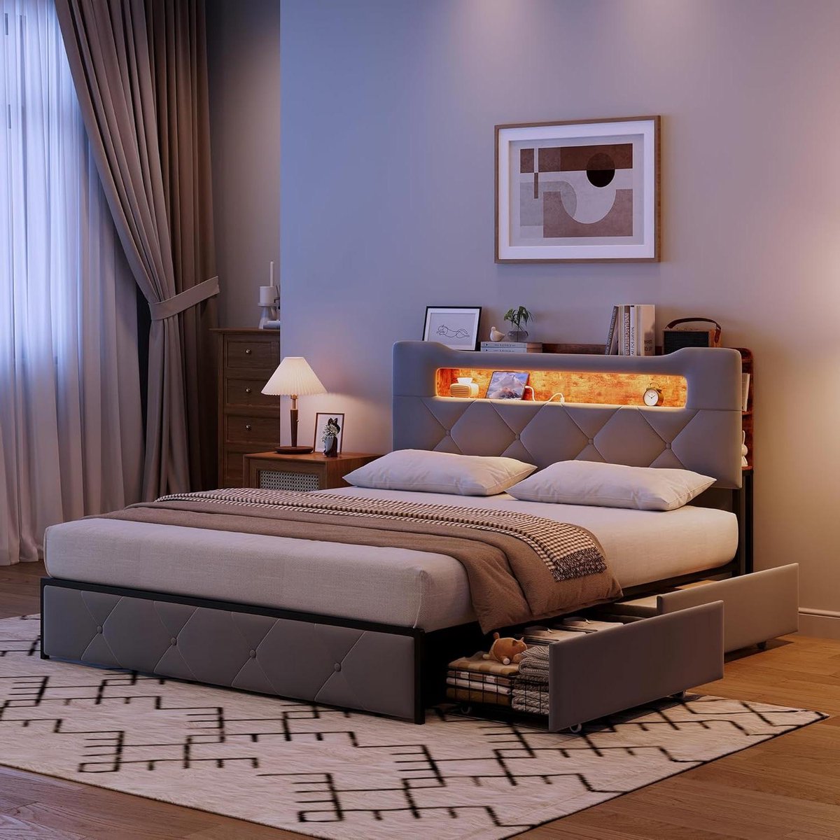 Gestoffeerd Bed - Boxspring Slaapbank - Ruimte Besparen - Met 4 Lades - 140 x 200 cm - Grijs