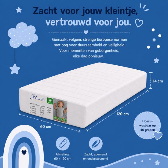 Ledikant-Baby-Princess Matras 60x120 x14 cm-SG25-Anti-allergische wasbare hoes met rits.