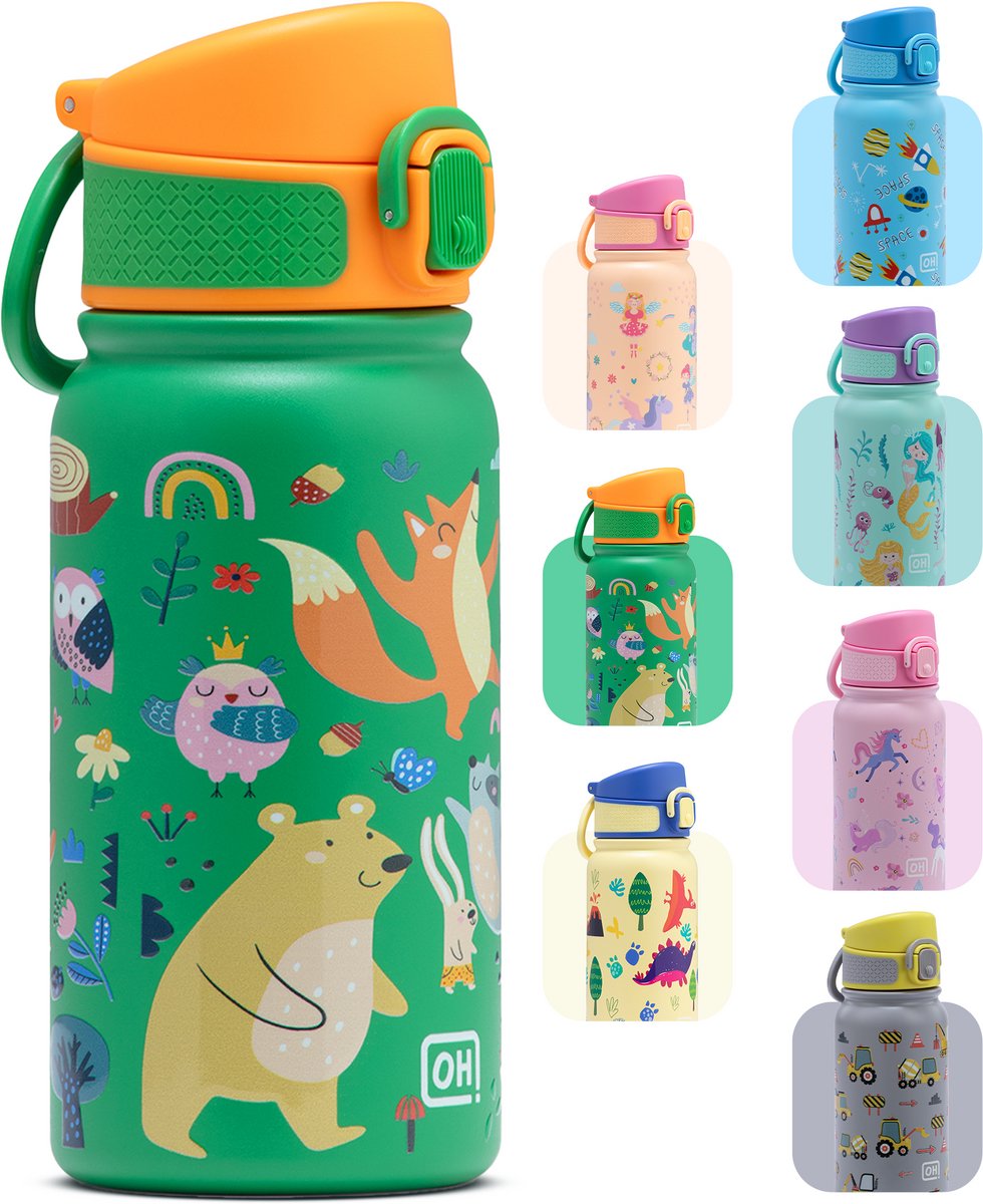 BentOH! RVS Waterfles 350ml voor Kinderen - Forest - Anti-overloop & Lekvrij – Met Eén Hand te Openen – BPA-vrij & Vaatwasserbestendig