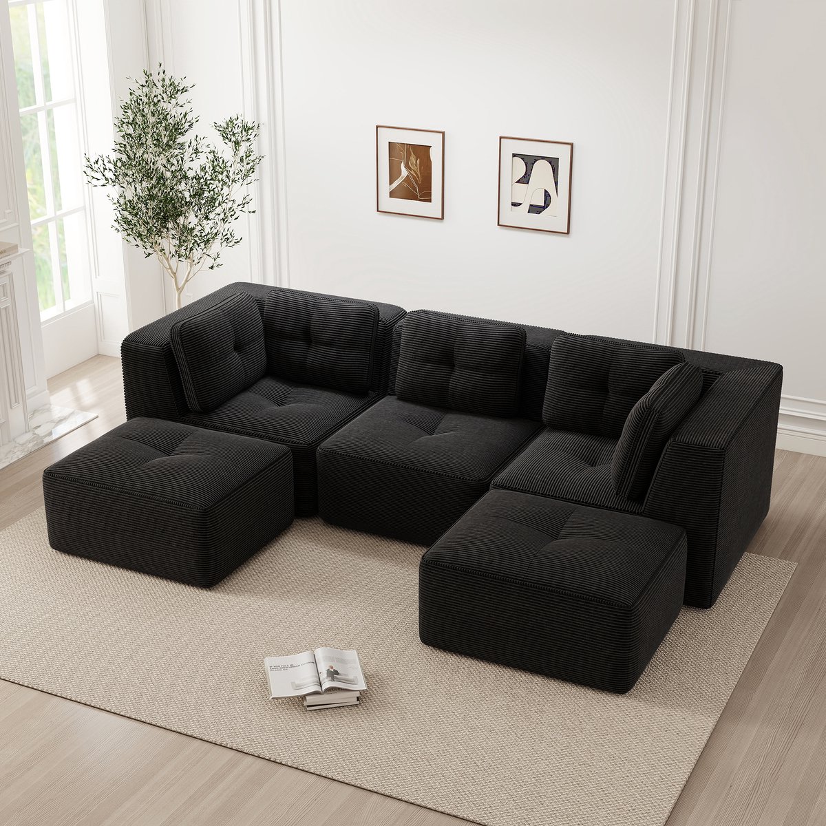 MODFU Modulaire Hoekbank - Diepe Zitting - Modern - Voor Woonkamer - Ribstof - Zwart