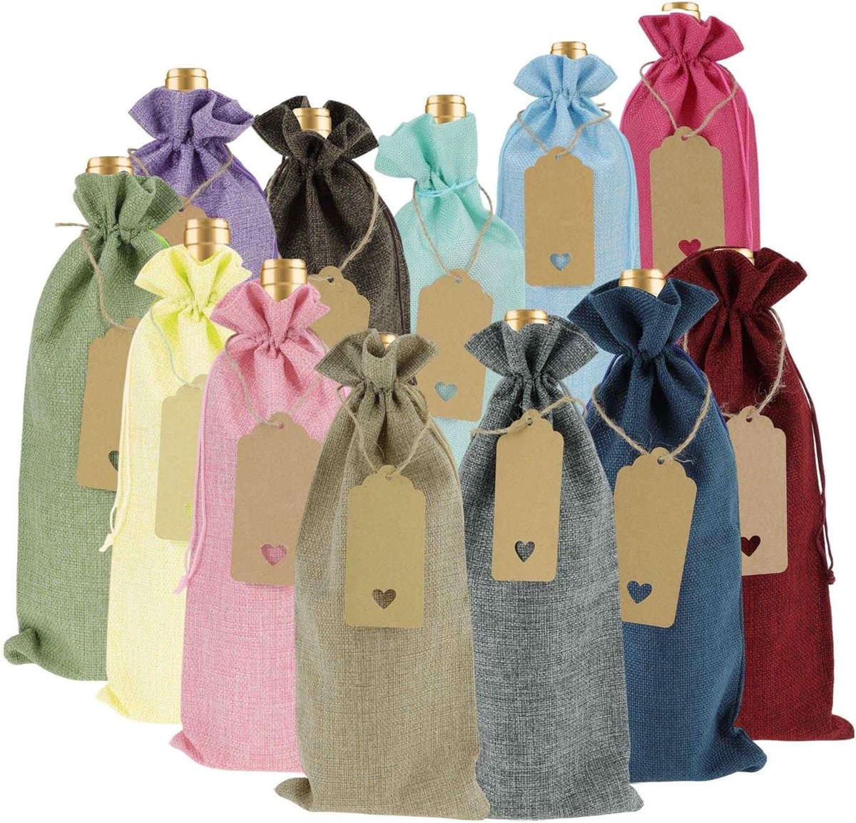 Linnen wijnzakken voor 12 flessen, herbruikbare cadeauzakjes met trekkoord en etiketten voor bruiloften, feesten en Kerstmis, meerkleurig