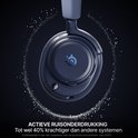 Close-up van een donkerblauwe headset met actieve ruisonderdrukking.
