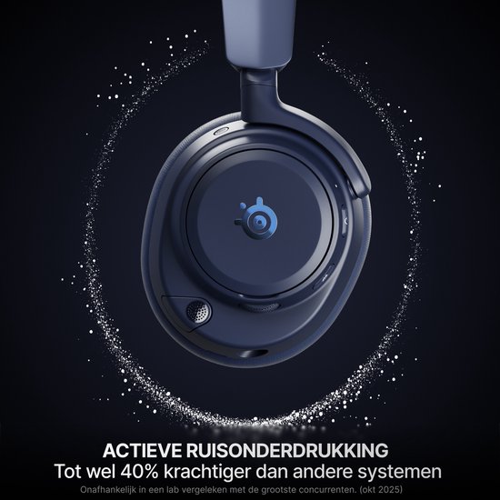 Close-up van een donkerblauwe headset met actieve ruisonderdrukking.