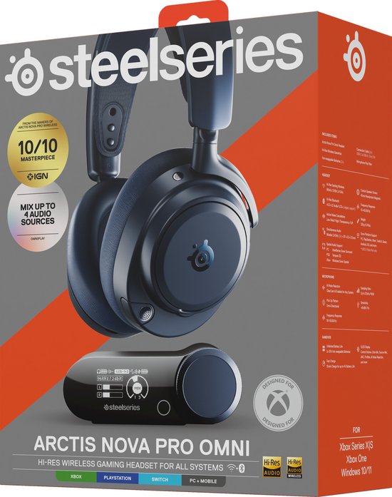 Doos van de Arctis Nova Pro Omni headset, met productafbeeldingen en logo's.