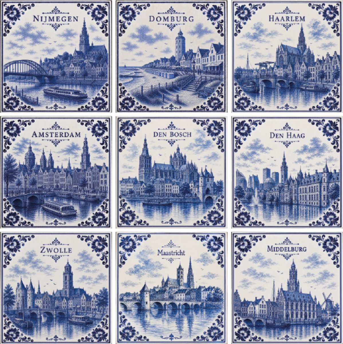 Tegelstickers Delfts Blauw Nederlandse steden (9 stickers) - 15cm x 15cm - backsplash - peel and stick - plakfolie - voor badkamer, keuken of toilet - zelfklevend