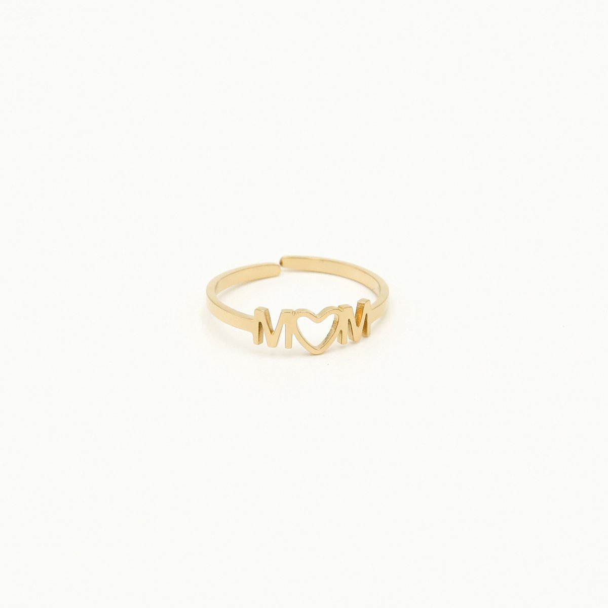She life style - verstelbare ring in goudkleur met het opschrift "MOM" en een hartje - 0ne size - Goud kleurig