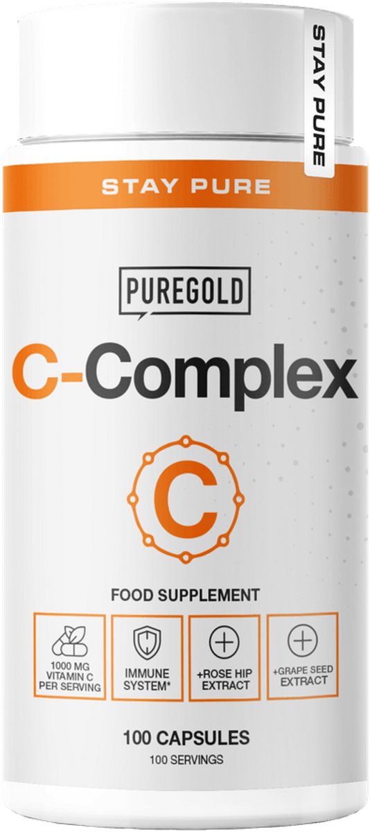 Pure Gold C-Complex Vitamine C Capsules – 100 Capsules – 1000 mg Vitamine C met Rozenbottel, Druivenpit & Zwarte Peper