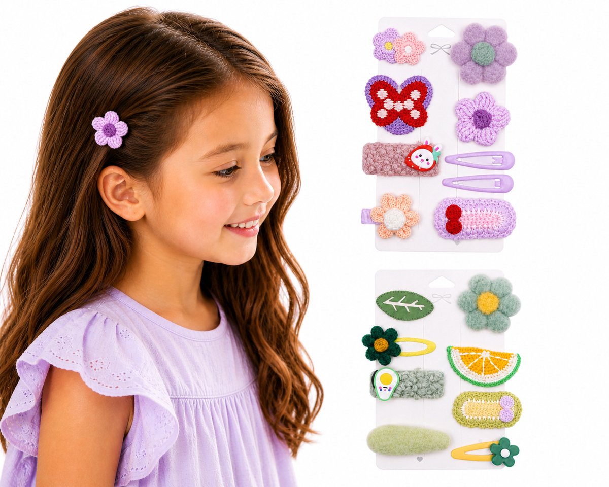 Tolvia Kinder Haarclips Set - 17 Stuks (2-Pack) - Cartoon Fruit Haaraccessoires voor Meisjes - Kleurrijke Haarspeldjes - Groen & Paars