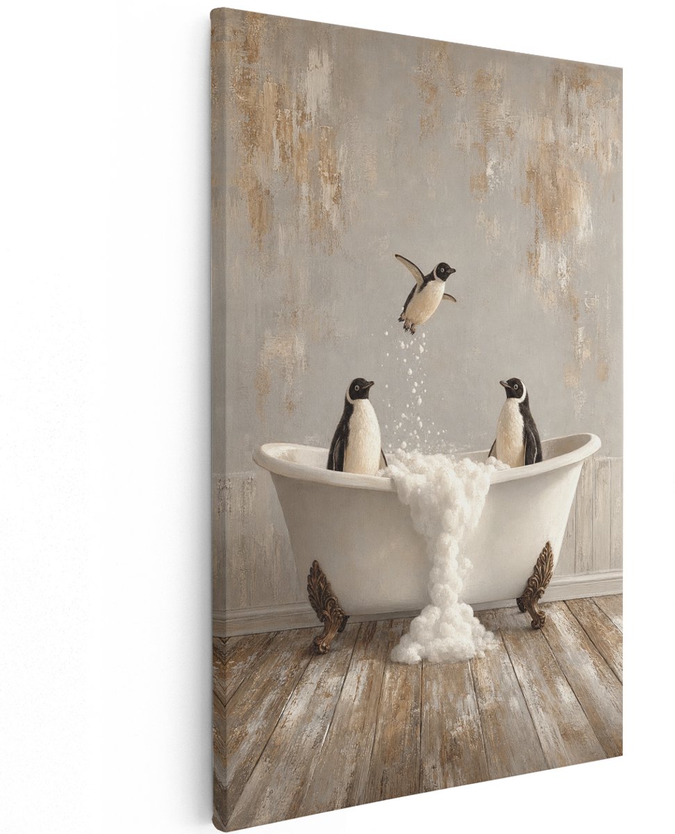 Artaza Canvas Schilderij Pinguïns In Badkuip - Vintage Badkamer - 80x120 cm - Groot - Wand